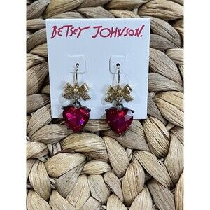 Betsey Johnson Pink Crystal Dangling Gold BOW KNOTS Pierced Earrings-NWT 1.75in